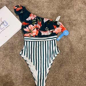 Cupshe One-Shoulder Floral & Stripe One-Piece Swimsuit - Green & Pink